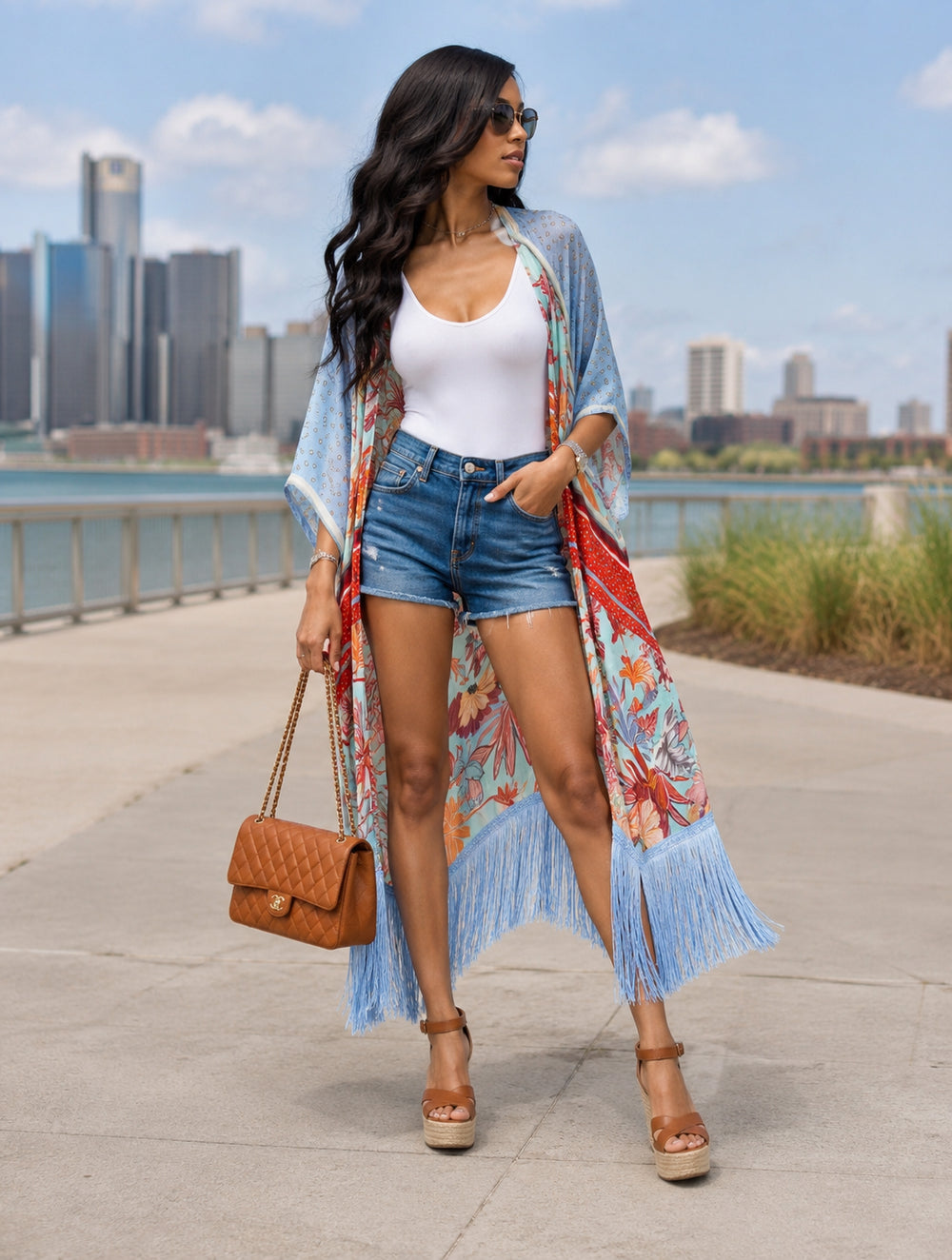Blue Floral Fringe Kimono