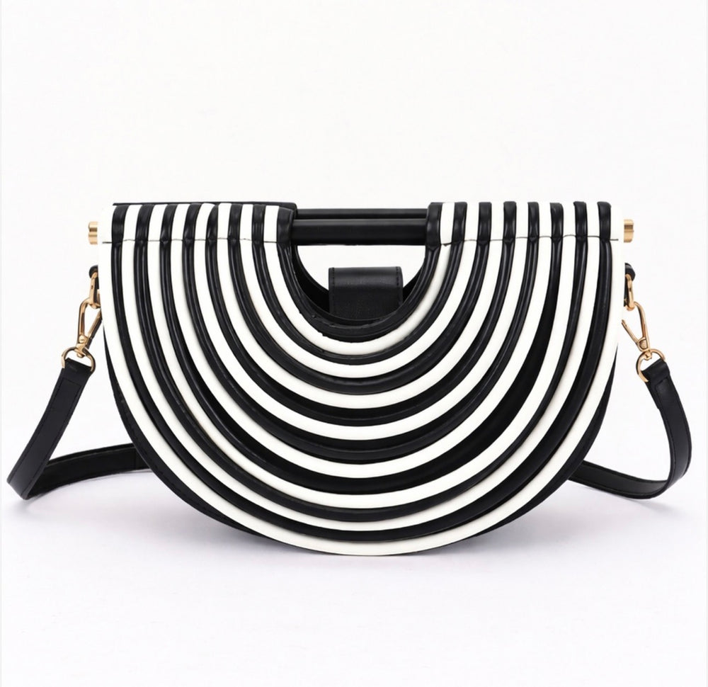 Black & White Striped Half-Moon Handbag