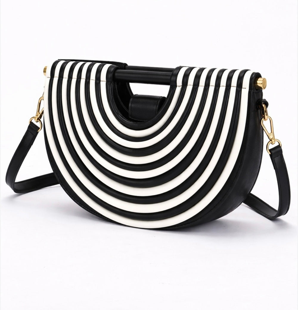 Black & White Striped Half-Moon Handbag